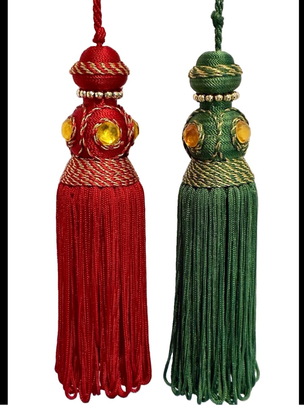 Lot of 2 Artisan Wood Core Key Tassels Red Green Gold Jewel Inset Ornaments 6”